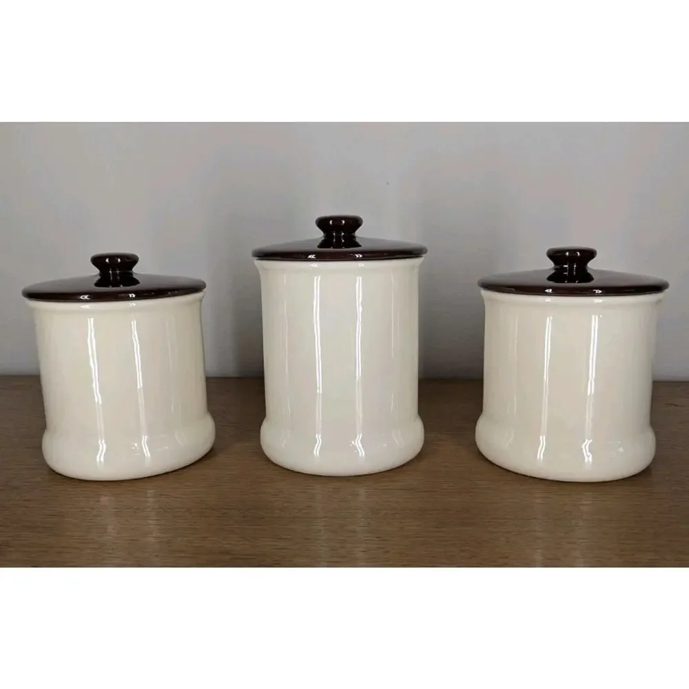 Vintage Holiday Designs USA Canister Set Of 3 Ceramic Brown White Floral Cut Out